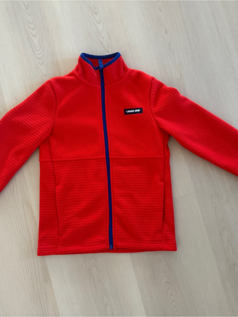 Lands' End Bright Red Kids' Zip Up Fleece Jacket with Blue Trim Boys size 8